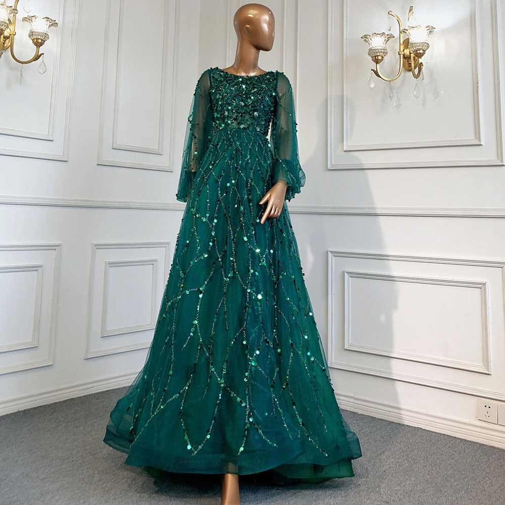 Muslim Green A-Line Luxury Evening Dreses Gowns 2025  O-Neck Puff Sleeves Beaded Sexy Formal Woman Party LA71049A