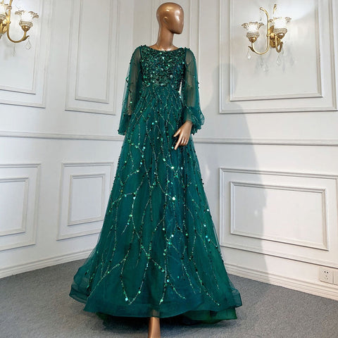 Muslim Green A-Line Luxury Evening Dreses Gowns 2025  O-Neck Puff Sleeves Beaded Sexy Formal Woman Party LA71049A
