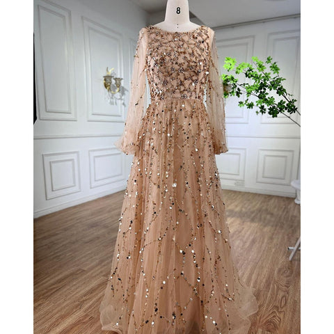 Muslim Green A-Line Luxury Evening Dreses Gowns 2025  O-Neck Puff Sleeves Beaded Sexy Formal Woman Party LA71049A