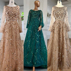 Muslim Green A-Line Luxury Evening Dreses Gowns 2025  O-Neck Puff Sleeves Beaded Sexy Formal Woman Party LA71049A