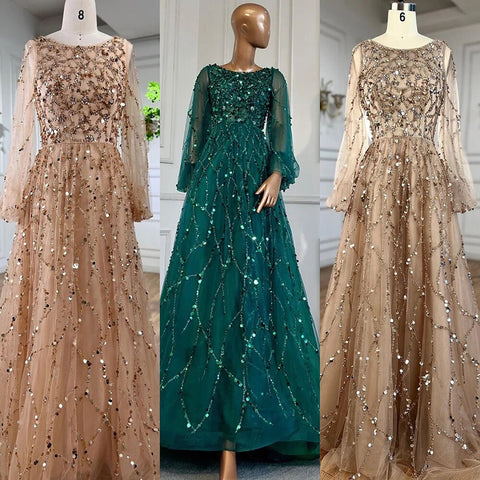 Muslim Green A-Line Luxury Evening Dreses Gowns 2025  O-Neck Puff Sleeves Beaded Sexy Formal Woman Party LA71049A
