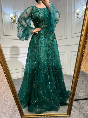 Muslim Green A-Line Luxury Evening Dreses Gowns 2025  O-Neck Puff Sleeves Beaded Sexy Formal Woman Party LA71049A