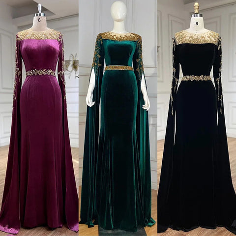 Muslim Green Cape Sleeves Evening Dresses Gowns 2025 Beaded Elegant Mermaid Velour for Women Party LA71452