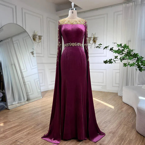 Muslim Green Cape Sleeves Evening Dresses Gowns 2025 Beaded Elegant Mermaid Velour for Women Party LA71452