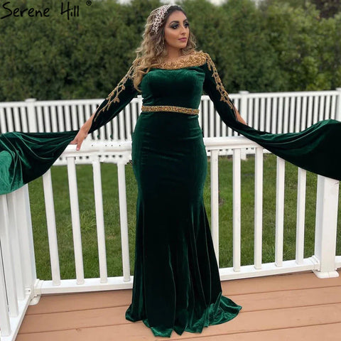 Muslim Green Cape Sleeves Evening Dresses Gowns 2025 Beaded Elegant Mermaid Velour for Women Party LA71452