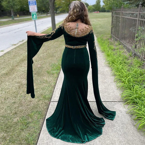 Muslim Green Cape Sleeves Evening Dresses Gowns 2025 Beaded Elegant Mermaid Velour for Women Party LA71452