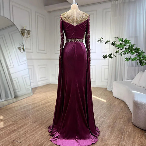 Muslim Green Cape Sleeves Evening Dresses Gowns 2025 Beaded Elegant Mermaid Velour for Women Party LA71452
