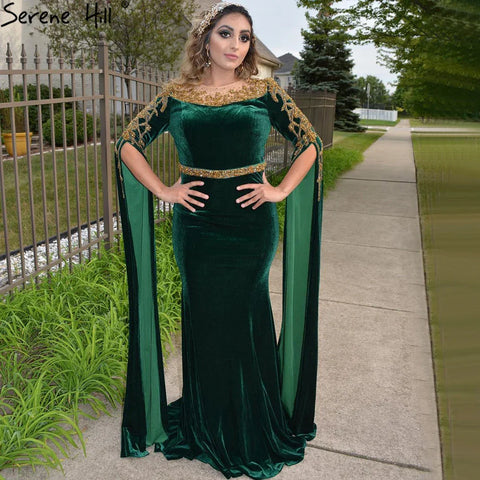 Muslim Green Cape Sleeves Evening Dresses Gowns 2025 Beaded Elegant Mermaid Velour for Women Party LA71452