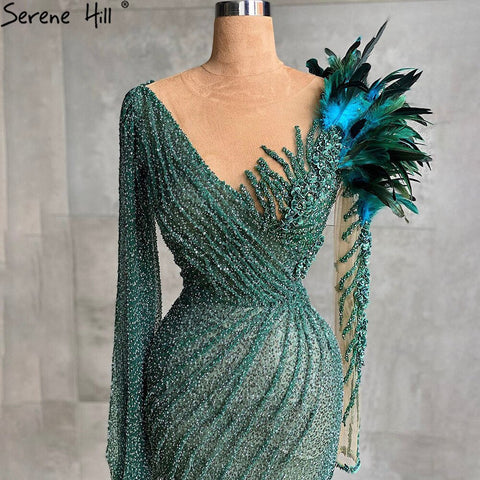 Muslim Green Elegant Evening Dresses Gowns 2025 Feathers Beaded Mermaid For Women Wedding Party LA71194