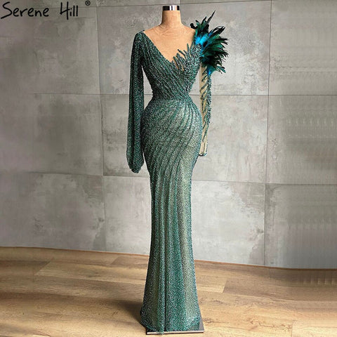 Muslim Green Elegant Evening Dresses Gowns 2025 Feathers Beaded Mermaid For Women Wedding Party LA71194
