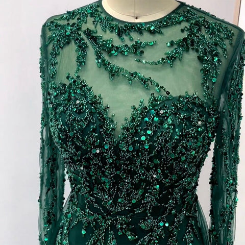Muslim Green Elegant Mermaid Lace Beaded Luxury Long Evening Dresses Gowns For Women Wedding Party 2025 LA71653L