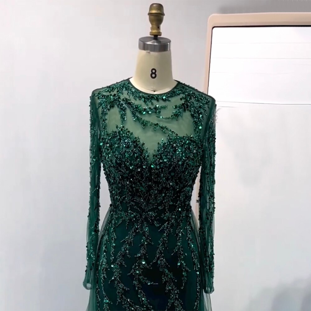 Muslim Green Elegant Mermaid Lace Beaded Luxury Long Evening Dresses Gowns For Women Wedding Party 2025 LA71653L