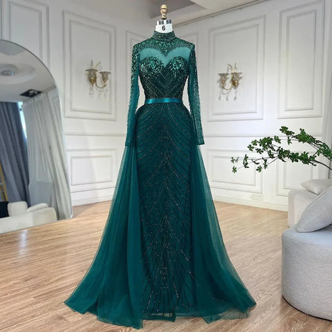 Muslim Green Elegant Mermaid Luxury Lace Beaded Arabic Evening Dresses Gowns For Women Wedding Party 2025 LA71913