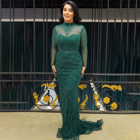 Muslim Green Elegant Mermaid Luxury Lace Beaded Arabic Evening Dresses Gowns For Women Wedding Party 2025 LA71913