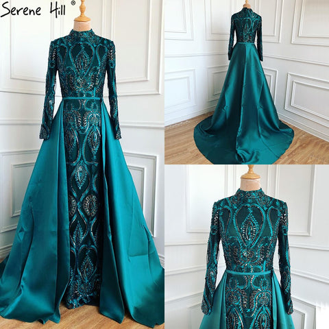 Muslim Green Evening Gowns 2025 Long Sleeves Mermaid Party Wear Dresses For Women Dress Sequin Plus Size LA70758
