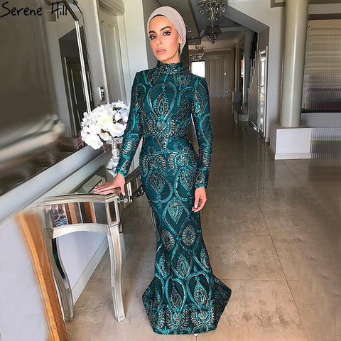 Muslim Green Evening Gowns 2025 Long Sleeves Mermaid Party Wear Dresses For Women Dress Sequin Plus Size LA70758