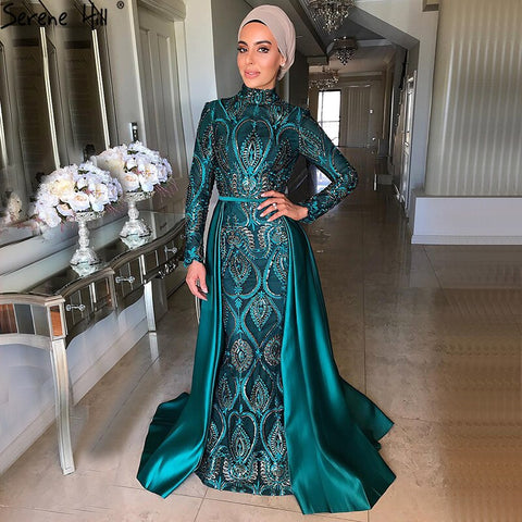 Muslim Green Evening Gowns 2025 Long Sleeves Mermaid Party Wear Dresses For Women Dress Sequin Plus Size LA70758