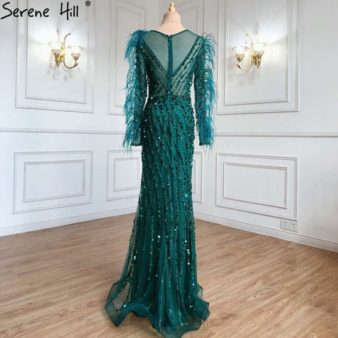 Muslim Green Feather Beaded Evening Dresses Gowns 2025 Mermaid Luxury Elegant For Women Party LA71406