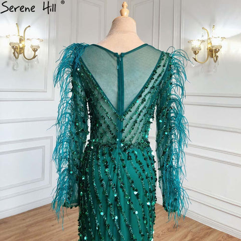 Muslim Green Feather Beaded Evening Dresses Gowns 2025 Mermaid Luxury Elegant For Women Party LA71406