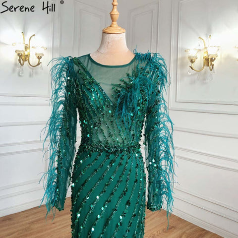 Muslim Green Feather Beaded Evening Dresses Gowns 2025 Mermaid Luxury Elegant For Women Party LA71406