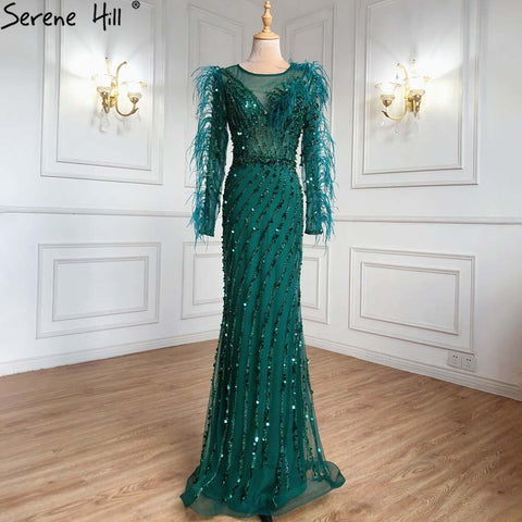 Muslim Green Feather Beaded Evening Dresses Gowns 2025 Mermaid Luxury Elegant For Women Party LA71406