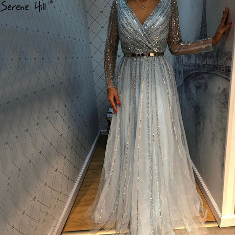 Muslim Green Luxury Elegant Evening Dresses Gowns 2025 Long Sleeves Beading For Women Party LA70790