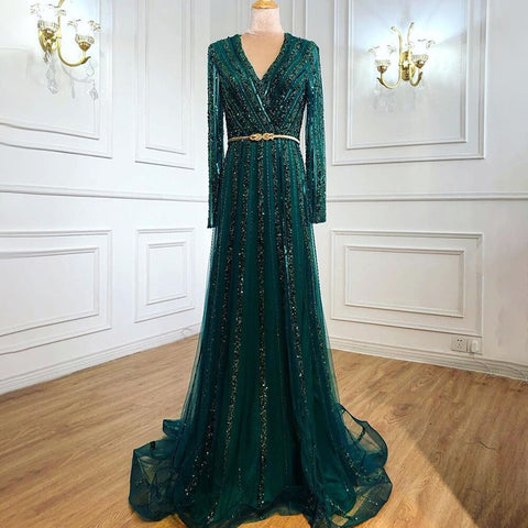 Muslim Green Luxury Elegant Evening Dresses Gowns 2025 Long Sleeves Beading For Women Party LA70790