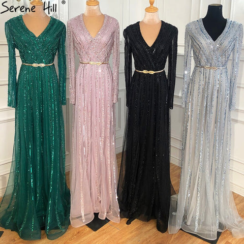 Muslim Green Luxury Elegant Evening Dresses Gowns 2025 Long Sleeves Beading For Women Party LA70790