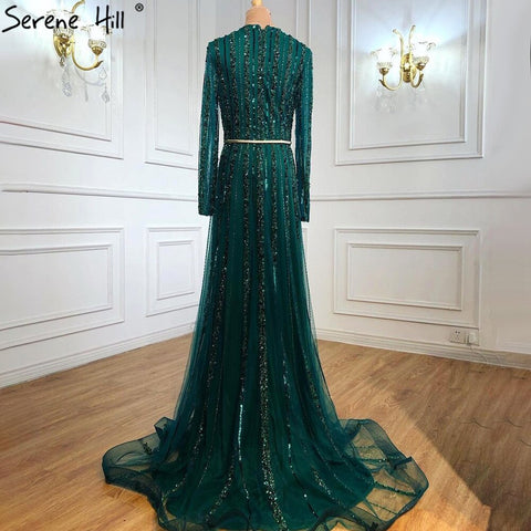 Muslim Green Luxury Elegant Evening Dresses Gowns 2025 Long Sleeves Beading For Women Party LA70790