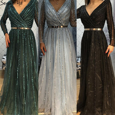 Muslim Green Luxury Elegant Evening Dresses Gowns 2025 Long Sleeves Beading For Women Party LA70790