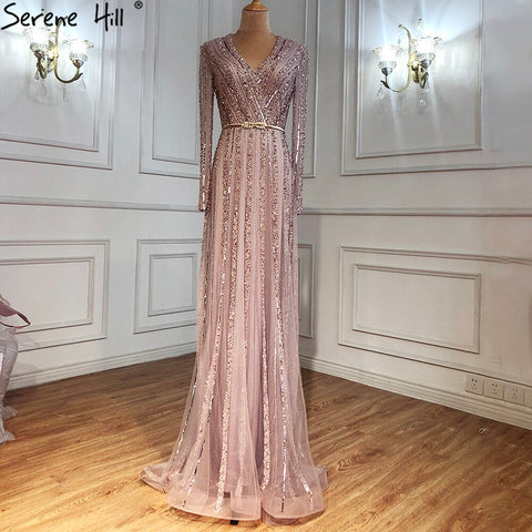 Muslim Green Luxury Elegant Evening Dresses Gowns 2025 Long Sleeves Beading For Women Party LA70790