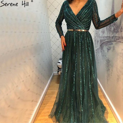 Muslim Green Luxury Elegant Evening Dresses Gowns 2025 Long Sleeves Beading For Women Party LA70790