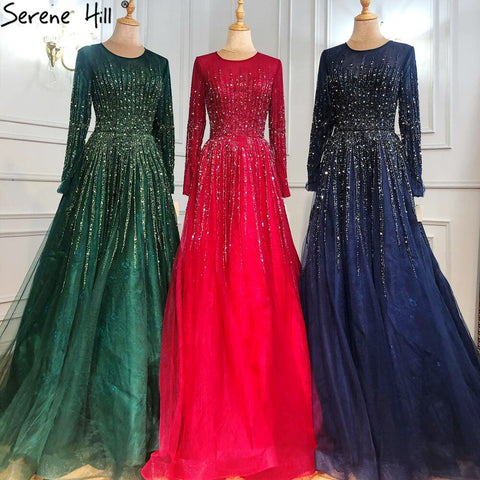 Muslim Green Luxury Evening Dresses Gowns 2025 A-Line Beading Long Sleeves For Women Party LA70927
