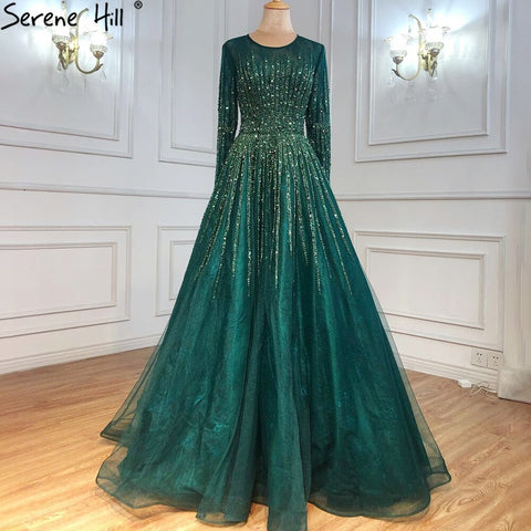 Muslim Green Luxury Evening Dresses Gowns 2025 A-Line Beading Long Sleeves For Women Party LA70927