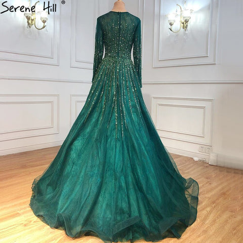 Muslim Green Luxury Evening Dresses Gowns 2025 A-Line Beading Long Sleeves For Women Party LA70927