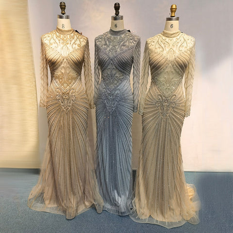 Muslim Green Mermaid Elegant High Neck Luxury Beaded  Evening Dresses Gowns 2025 فساتين نسائية شحن مجاني LA71776