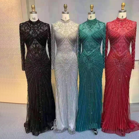 Muslim Green Mermaid Elegant High Neck Luxury Beaded  Evening Dresses Gowns 2025 فساتين نسائية شحن مجاني LA71776