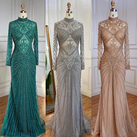 Muslim Green Mermaid Elegant High Neck Luxury Beaded Evening Dresses Gowns 2025 For Women Party LA71776