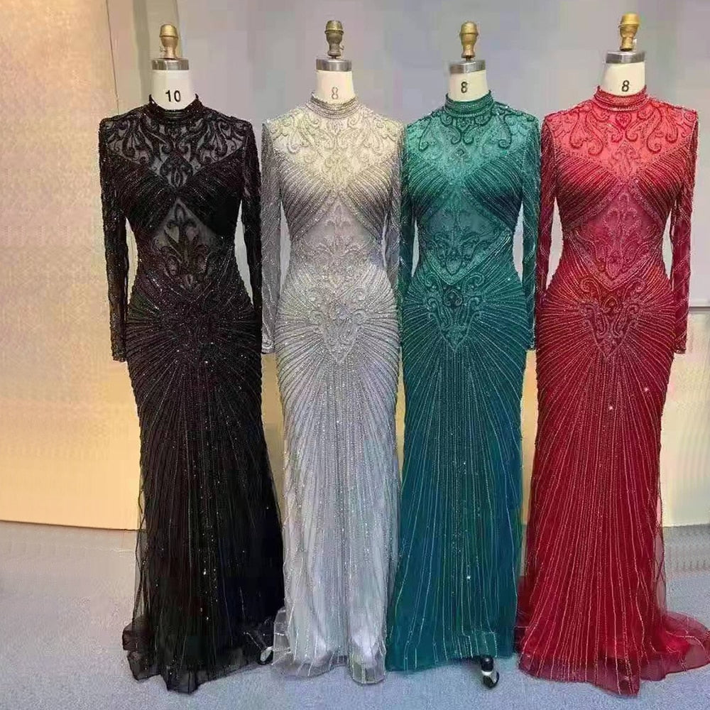 Muslim Green Mermaid Elegant High Neck Luxury Beaded Evening Dresses Gowns 2025 For Women Party LA71776