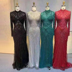 Muslim Green Mermaid Elegant High Neck Luxury Beaded Evening Dresses Gowns 2025 For Women Party LA71776