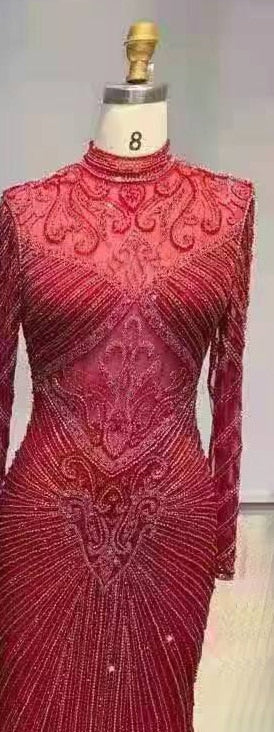 Muslim Green Mermaid Elegant High Neck Luxury Beaded Evening Dresses Gowns 2025 For Women Party LA71776