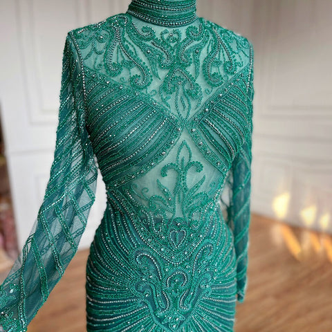 Muslim Green Mermaid Elegant High Neck Luxury Beaded Evening Dresses Gowns 2025 For Women Party LA71776