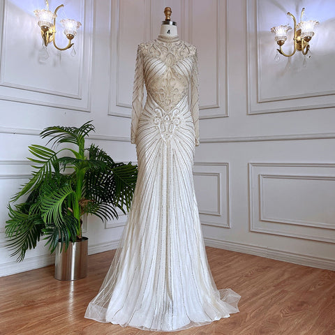 Muslim Green Mermaid Elegant High Neck Luxury Beaded Evening Dresses Gowns 2025 For Women Party LA71776