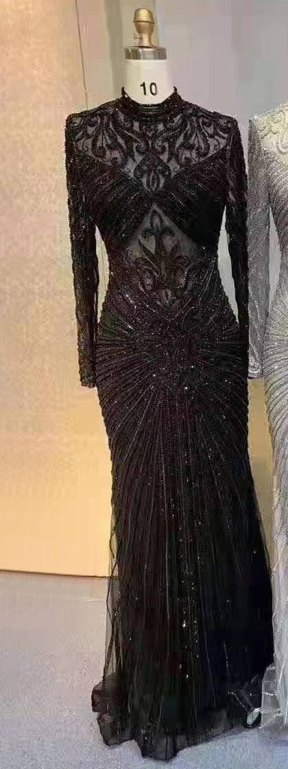 Muslim Green Mermaid Elegant High Neck Luxury Beaded Evening Dresses Gowns 2025 For Women Party LA71776