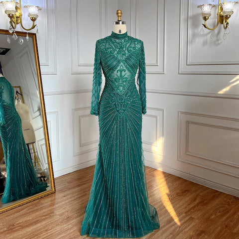 Muslim Green Mermaid Elegant High Neck Luxury Beaded Evening Dresses Gowns 2025 For Women Party LA71776