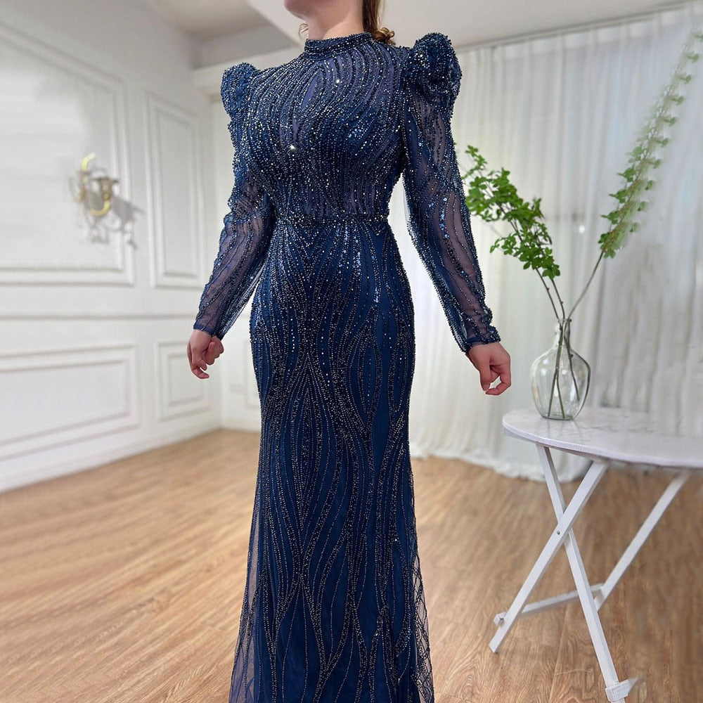 Muslim Green Mermaid Elegant Luxury Beaded Arabic Long Evening Dresses Gowns For Women Wedding Party 2025 LA72134