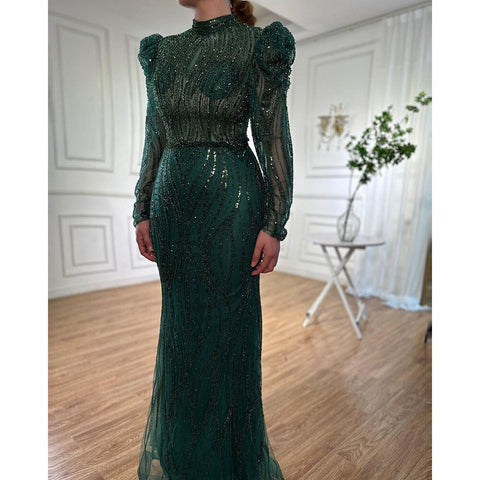 Muslim Green Mermaid Elegant Luxury Beaded Arabic Long Evening Dresses Gowns For Women Wedding Party 2025 LA72134