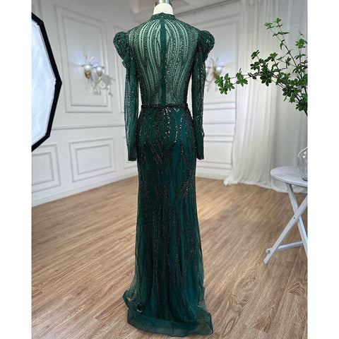 Muslim Green Mermaid Elegant Luxury Beaded Arabic Long Evening Dresses Gowns For Women Wedding Party 2025 LA72134