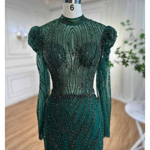Muslim Green Mermaid Elegant Luxury Beaded Arabic Long Evening Dresses Gowns For Women Wedding Party 2025 LA72134