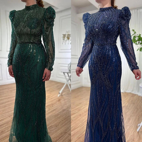 Muslim Green Mermaid Elegant Luxury Beaded Arabic Long Evening Dresses Gowns For Women Wedding Party 2025 LA72134